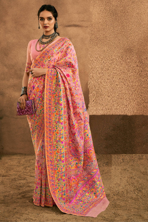 Cotton Fabric Printed Pink Saree For Festive Wear