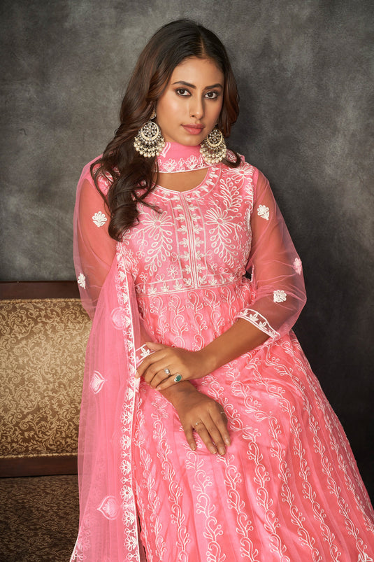 Net Fabric Pink Color Embroidered Winsome Anarkali Suit