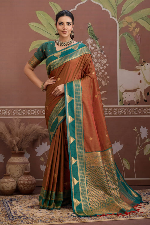Brown Zari Weaving Handloom Tussar Silk Saree