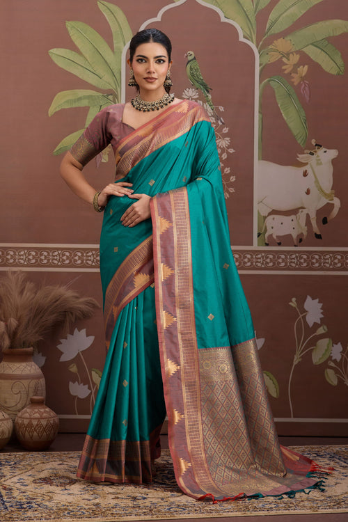 Tussar Silk Handloom Saree In Teal Color