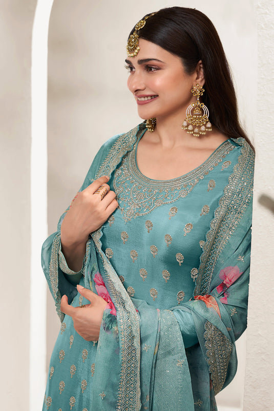 Prachi Desai Classic Sea Green Color Palazzo Suit In Viscose Fabric