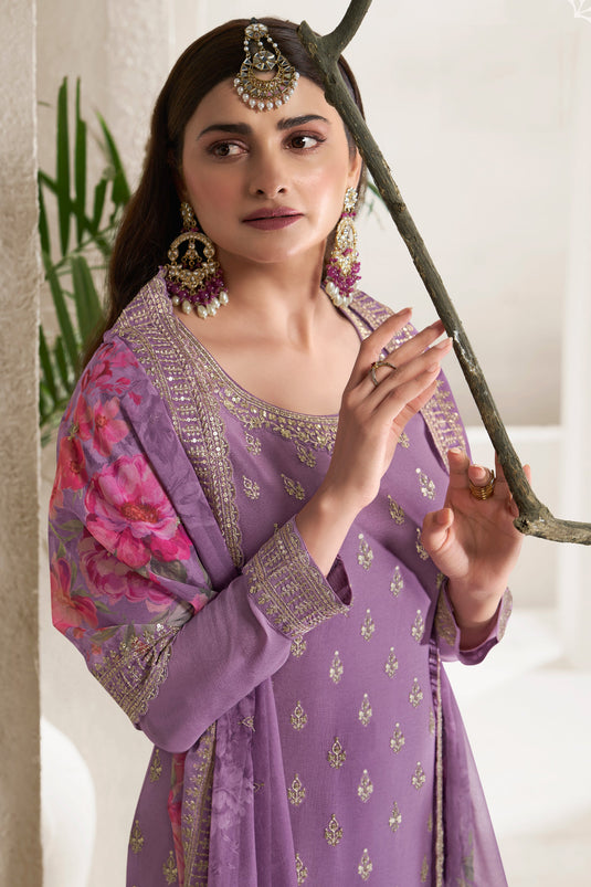 Prachi Desai Creative Viscose Fabric Palazzo Suit In Lavender Color