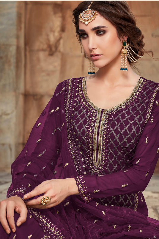 Georgette Fabric Purple Color Supreme Function Wear Palazzo Suit