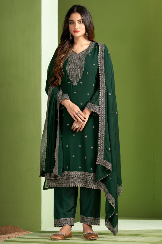 Georgette Fabric Green Color Supreme Embroidered Salwar Suit