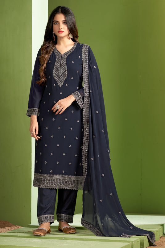 Excellent Georgette Fabric Grey Color Embroidered Salwar Suit
