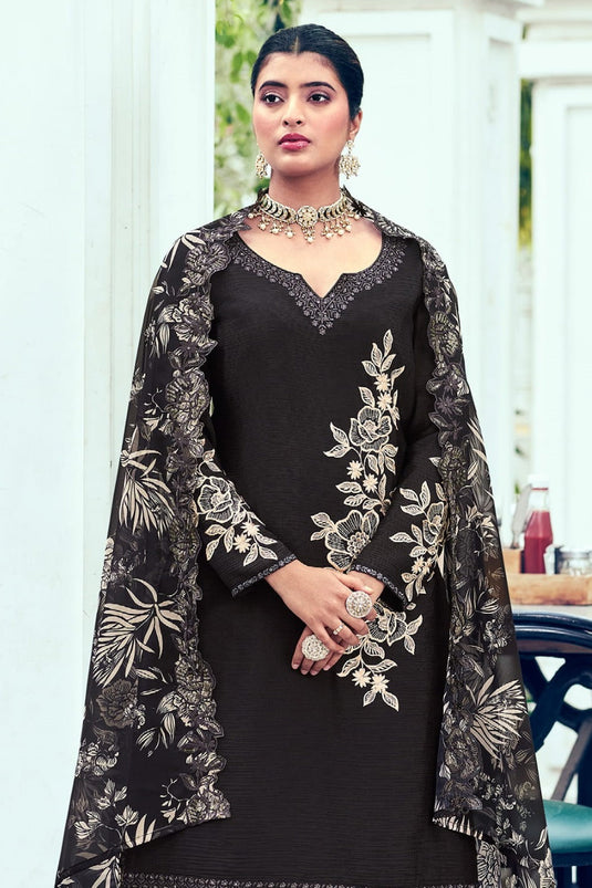 Classic Black Color Embroidered Palazzo Suit In Chinon Fabric