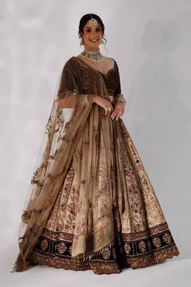 Silk Fabric Heavy Embroidered Beige Wedding Lehenga Choli With Dupatta