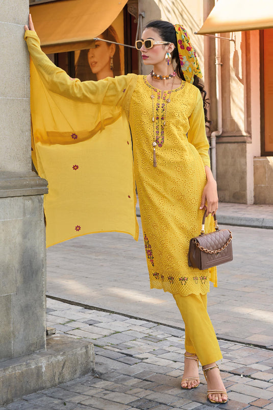 Cotton Fabric Yellow Color Beatific Look Readymade Salwar Suit