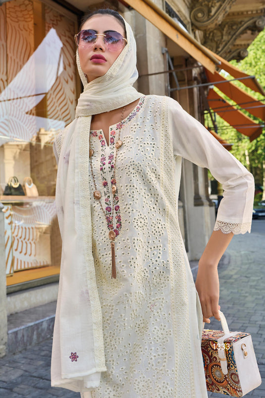 Fabulous Cotton Fabric White Color Readymade Salwar Suit