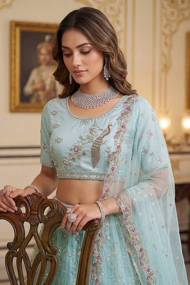 Embroidered Net Cyan Lehenga Choli For Wedding Wear