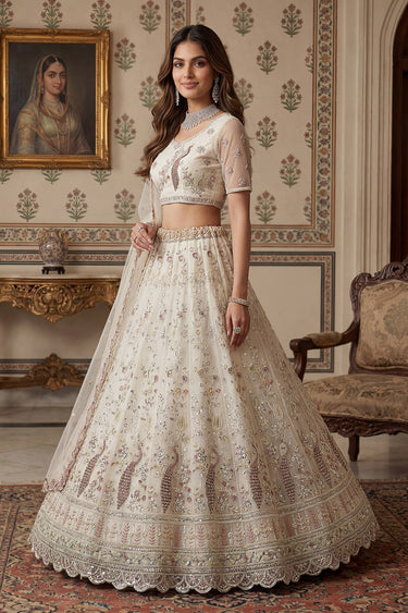 Net Embroidered Off White Wedding Wear Lehenga Choli