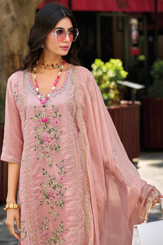 Pink Color Organza Fabric Lovely Salwar Suit With Embroidered Work