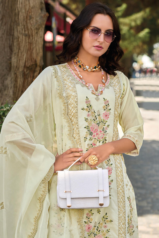 Organza Fabric Beige Color Attractive Salwar Suit With Embroidered Work