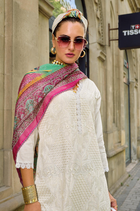 Cotton Fabric White Color Pleasance Readymade Salwar Suit