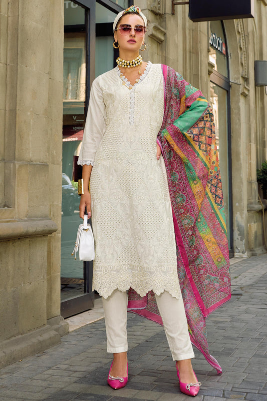 Cotton Fabric White Color Pleasance Readymade Salwar Suit