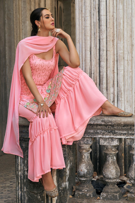 Charming Pink Color Georgette Fabric Sequins Work Sharara Suit
