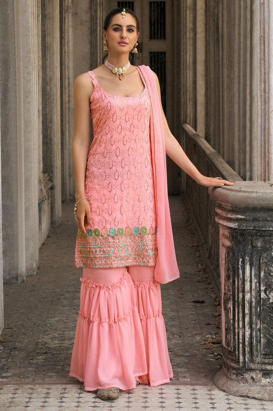 Charming Pink Color Georgette Fabric Sequins Work Sharara Suit