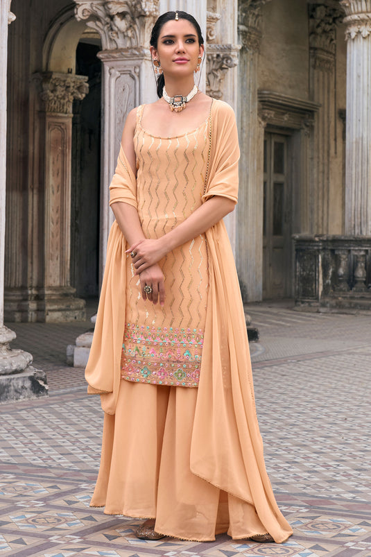 Alluring Georgette Fabric Peach Color Sequins Work Sharara Suit