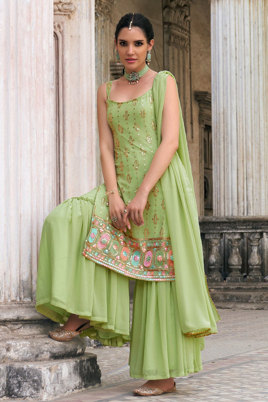 Excellent Georgette Fabric Sea Green Color Sequins Work Sharara Suit