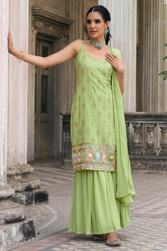 Excellent Georgette Fabric Sea Green Color Sequins Work Sharara Suit