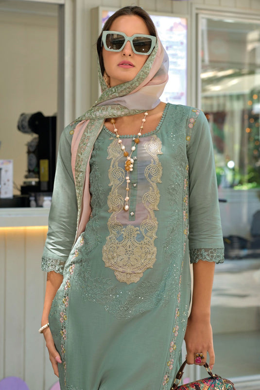 Cotton Fabric Sea Green Color Stylish Readymade Salwar Suit