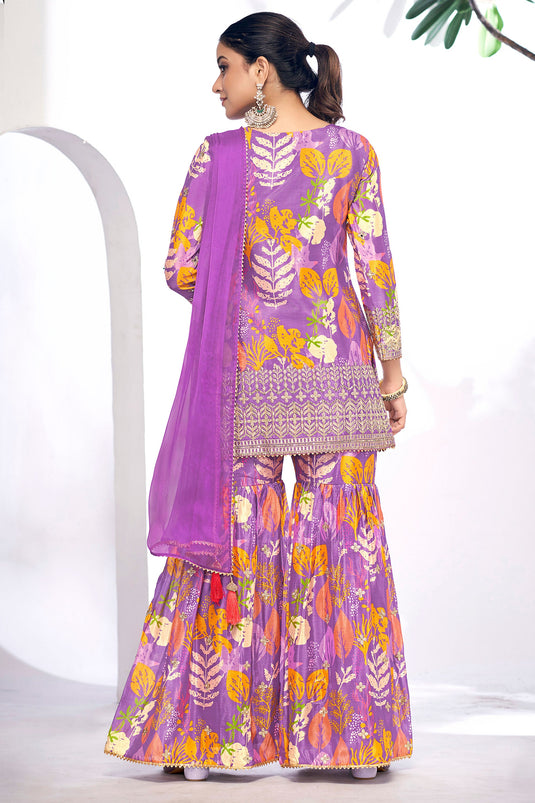 Excellent Chinon Fabric Purple Color Sharara Suit With Printed Work