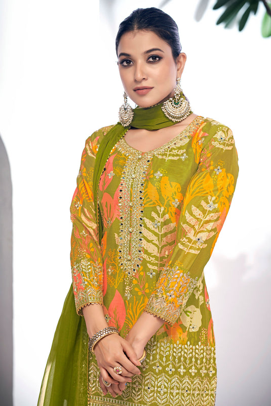 Green Color Printed Work On Chinon Fabric Beatific Sharara Suit