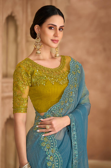 Lace Border Work Georgette Cyan Festive Wear Designer Saree