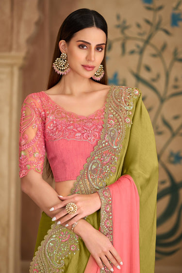 Lace Border Work Georgette Green Designer Saree For Festive Wear