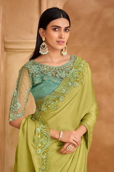 Green Festive Wear Satin Chiffon Lace Border Work Designer Saree