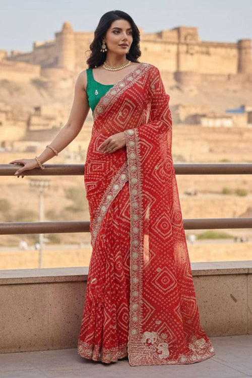 Red Bandhani Printed Georgette Saree