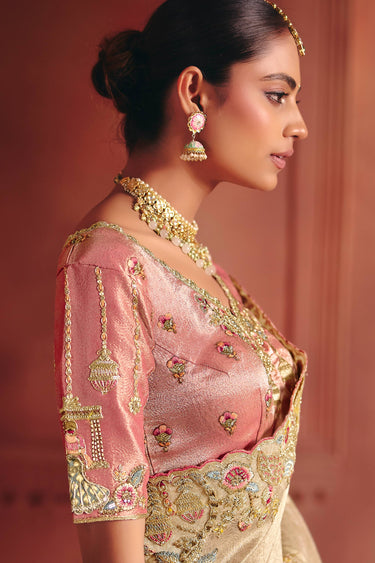 Silk Fabric Embroidered Beige Wedding Wear Saree