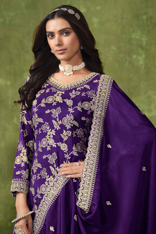 Purple Color Dola Silk Fabric Jacquard Work Classic Palazzo Suit