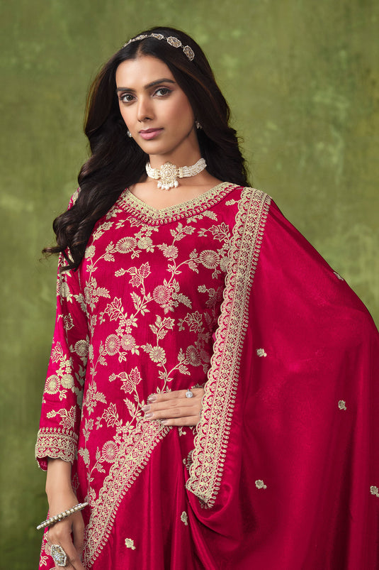 Dola Silk Fabric Jacquard Work Lovely Palazzo Suit In Rani Color