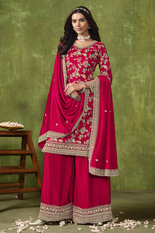 Dola Silk Fabric Jacquard Work Lovely Palazzo Suit In Rani Color