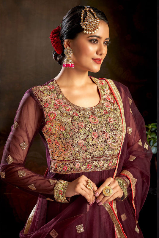 Maroon Color Glittering Net Fabric Embroidered Anarkali Suit
