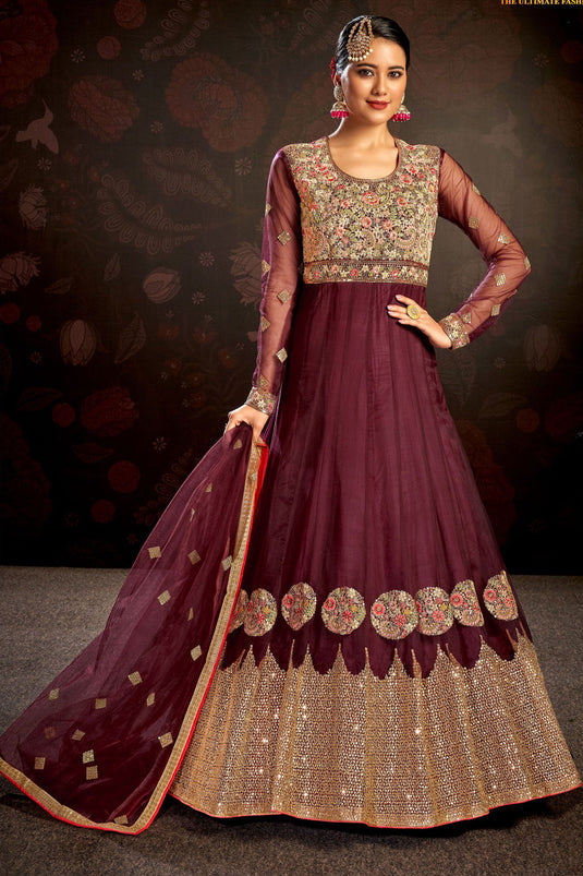 Maroon Color Glittering Net Fabric Embroidered Anarkali Suit