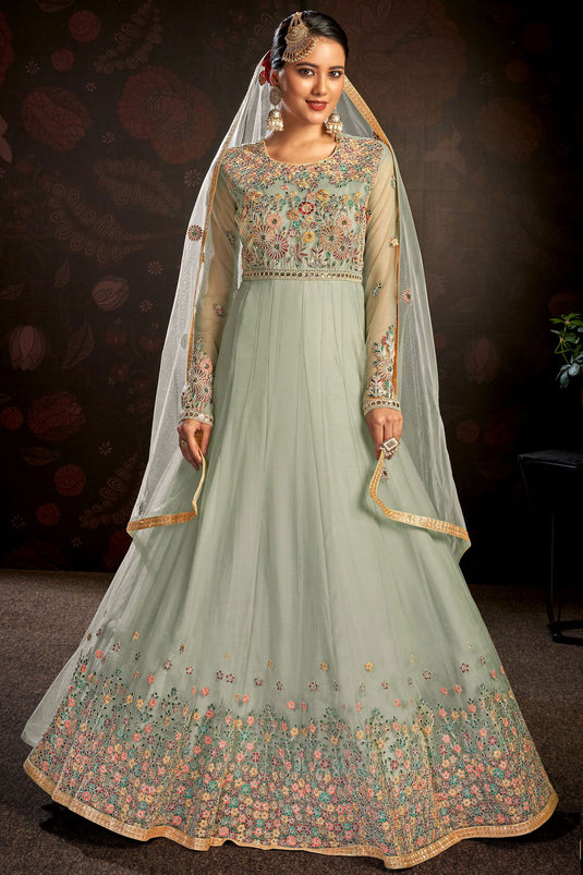 Fascinating Light Cyan Color Net Fabric Embroidered Anarkali Suit