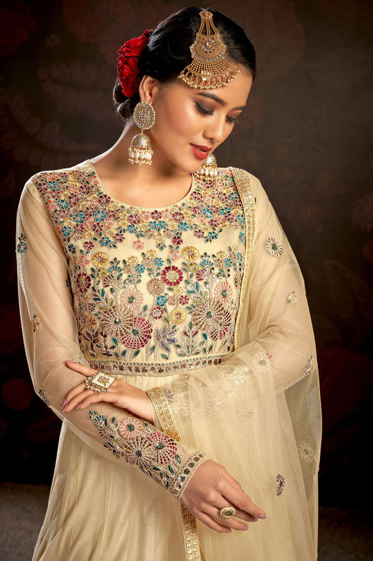 Net Fabric Beige Color Excellent Embroidered Anarkali Suit