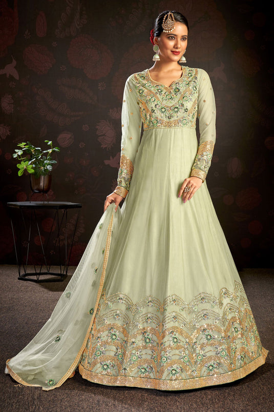 Glamorous Net Fabric Sea Green Color Embroidered Anarkali Suit