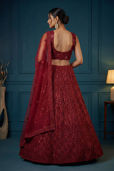 Heavy Sequins Work Red Wedding Lehenga Choli In Net Fabric