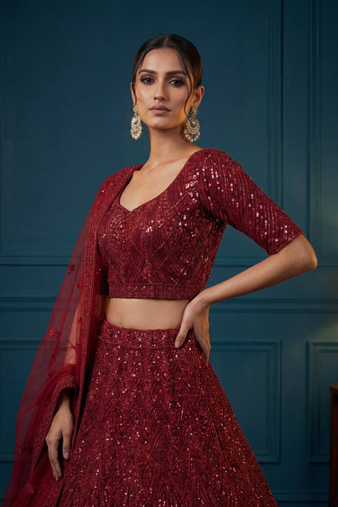 Heavy Sequins Work Red Wedding Lehenga Choli In Net Fabric