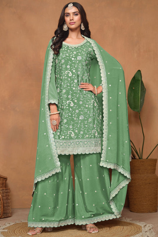 Chinon Fabric Green Color Function Special Elegant Palazzo Suit