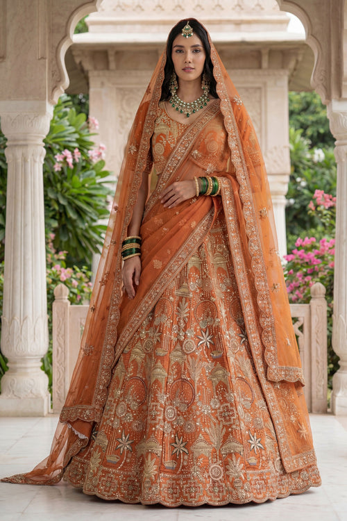 Orange Silk Heavy Embroidered Bridal Lehenga Choli
