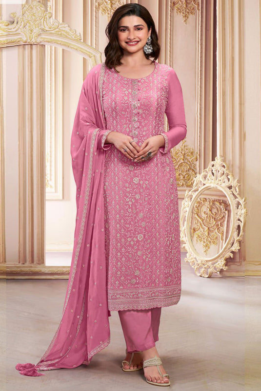 Prachi Desai Attractive Pink Color Chinon Silk Salwar Suit