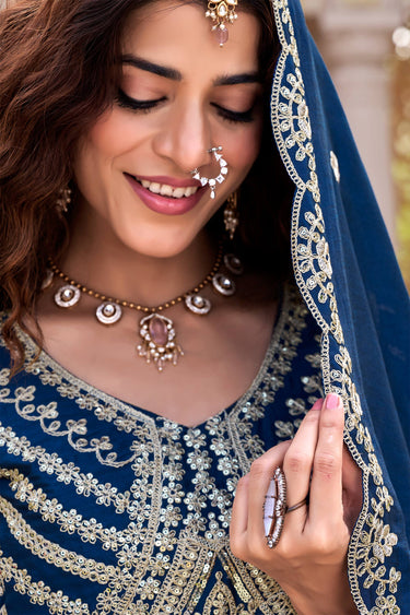 Navy Blue Art Silk Embroidered Readymade Lehenga Choli