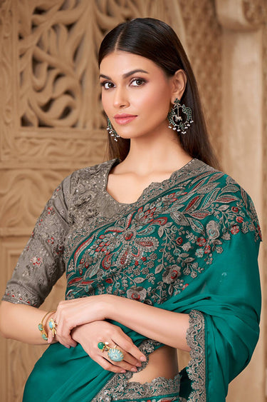 Art Silk Fabric Teal Party Wear Saree