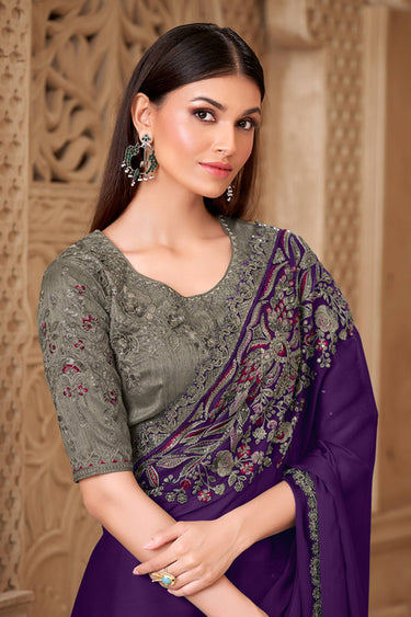 Embroidered Art Silk Fabric Purple Party Wear Saree