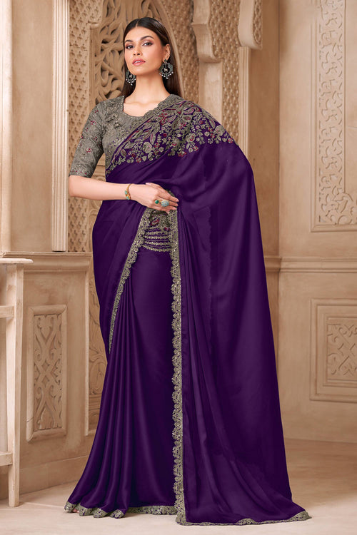 Embroidered Art Silk Fabric Purple Party Wear Saree
