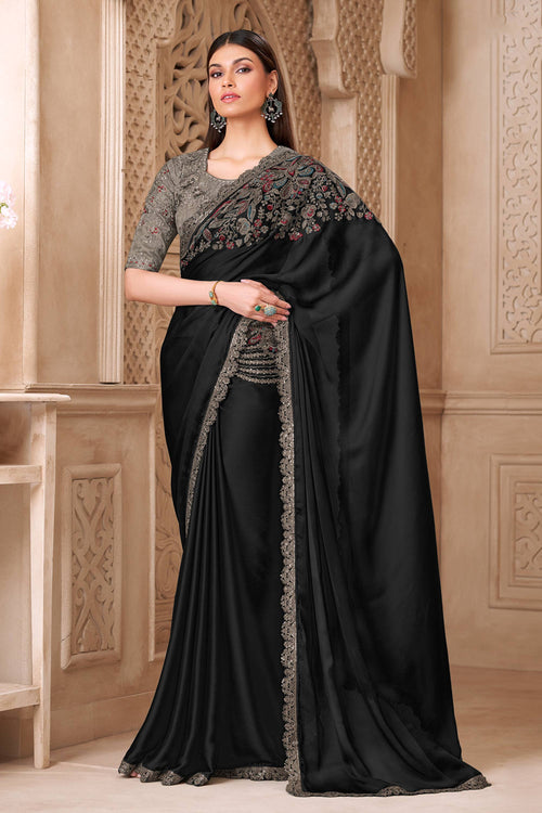 Art Silk Embroidered Black Saree For Party Wear
